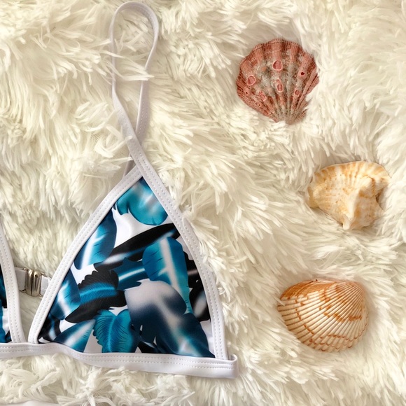 Blue & white leaf print bikini S - Picture 2 of 8